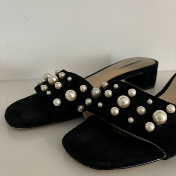Black Suede Mule Heels with Pearls - Picture 4 of 4